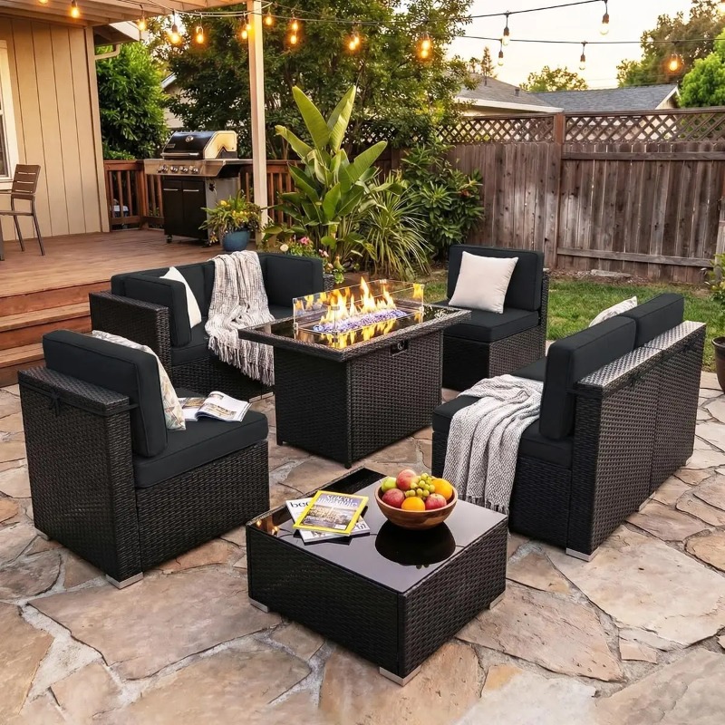 طقم أريكة من 8 قطع مصنوع من ال - مراجعة Outdoor Furniture Fire Pit Set وسعره